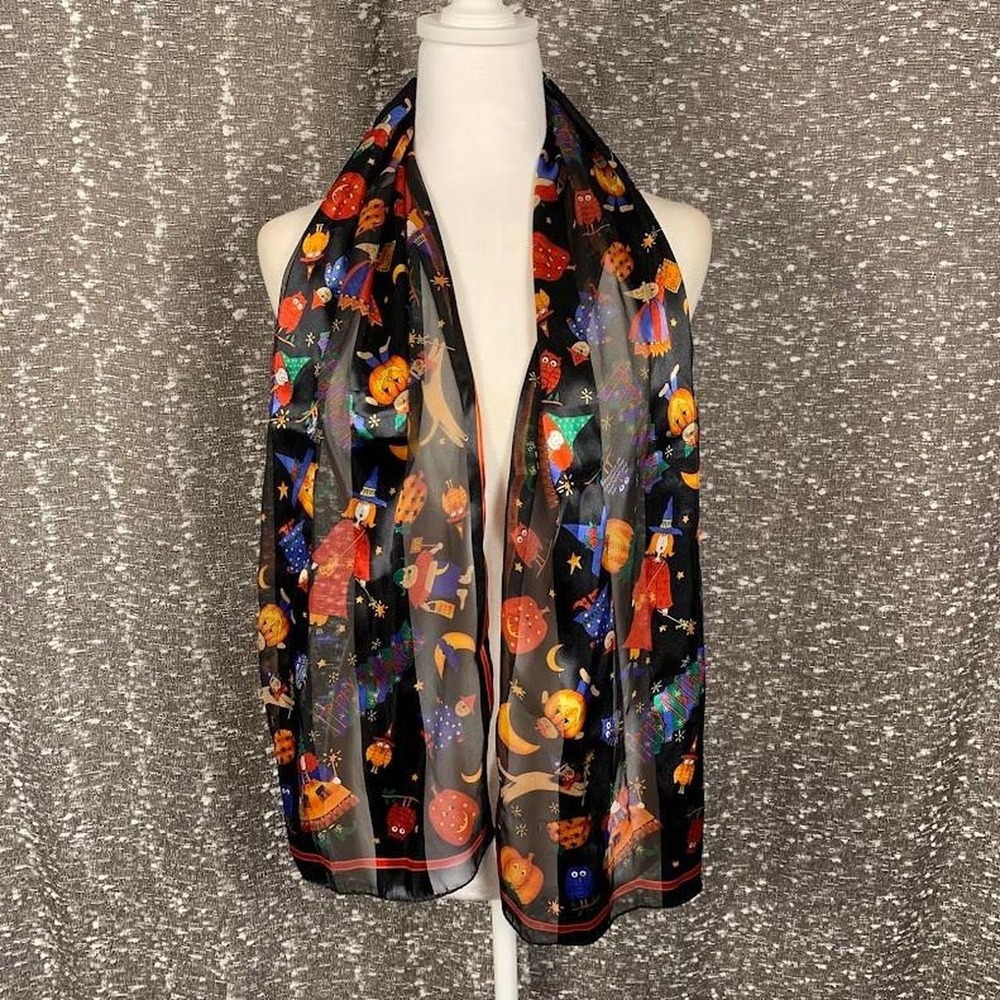 Vintage Halloween Scarf Black Sheer Satin Stripe Festive Scarf Wrap Whimsical